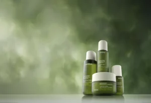 Four Aveda Advanced Botanical hair care products with green packaging are arranged on a reflective surface against a green, blurred background. - Trios Aveda Salon | Fort Collins, CO