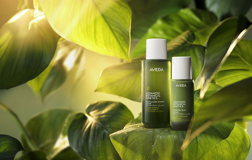 Two Aveda Advanced Botanical Skincare bottles are placed among large green leaves with sunlight shining through the foliage. - Trios Aveda Salon | Fort Collins, CO