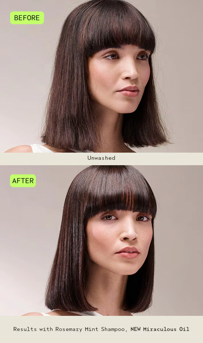 Before-and-after photos of a woman with shoulder-length brown hair; the "before" shows unwashed hair, the "after" shows shinier, smoother hair after using shampoo and oil. - Trios Aveda Salon | Fort Collins, CO