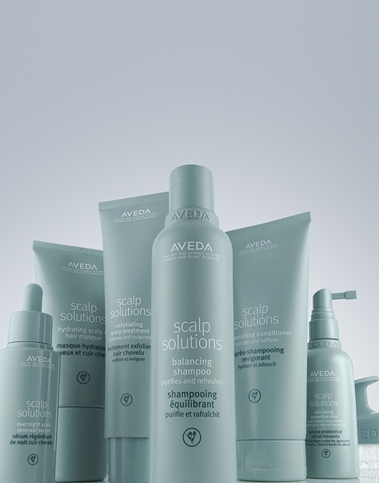 A group of Aveda Scalp Solutions hair care products, including shampoo, conditioner, and treatments, displayed against a light background. - Trios Aveda Salon | Fort Collins, CO